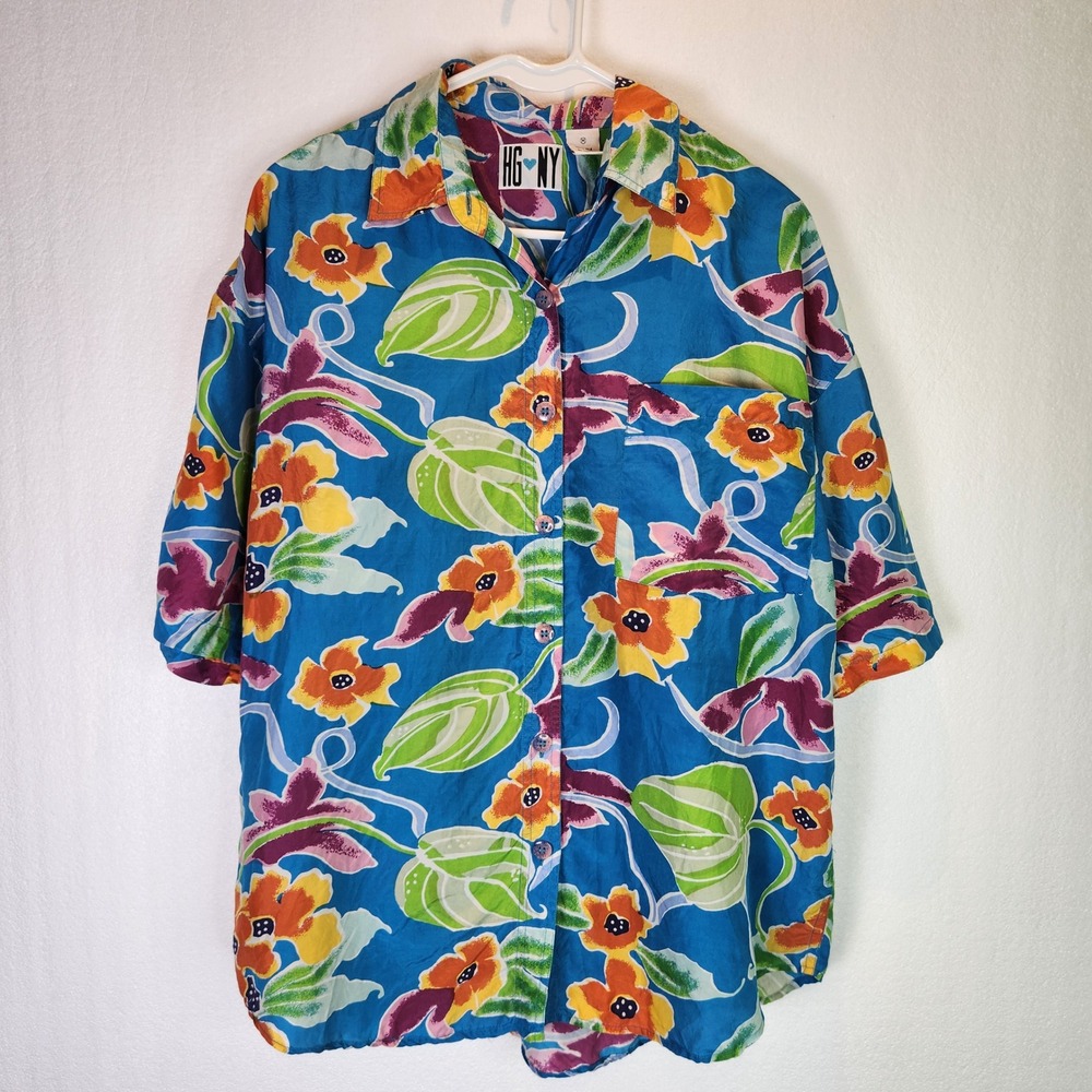HG NY Shirt Floral 100%‎ Silk Tropical Button Up Vintage Medium